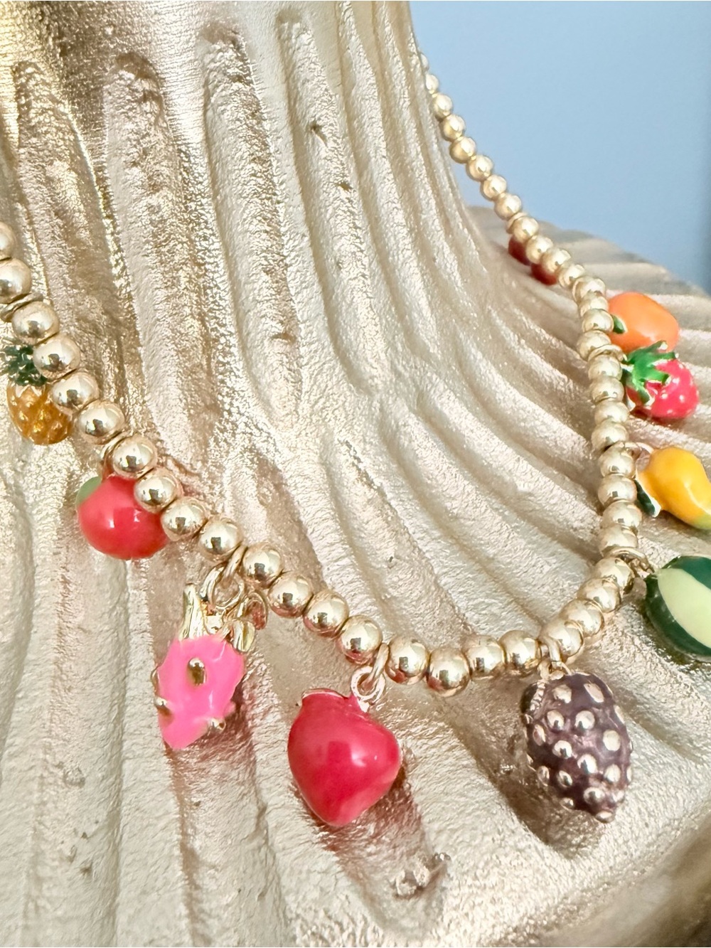 Gold Beaded Fruit Charm Necklace - Colorful Enamel Charms - Picture 2 of 5